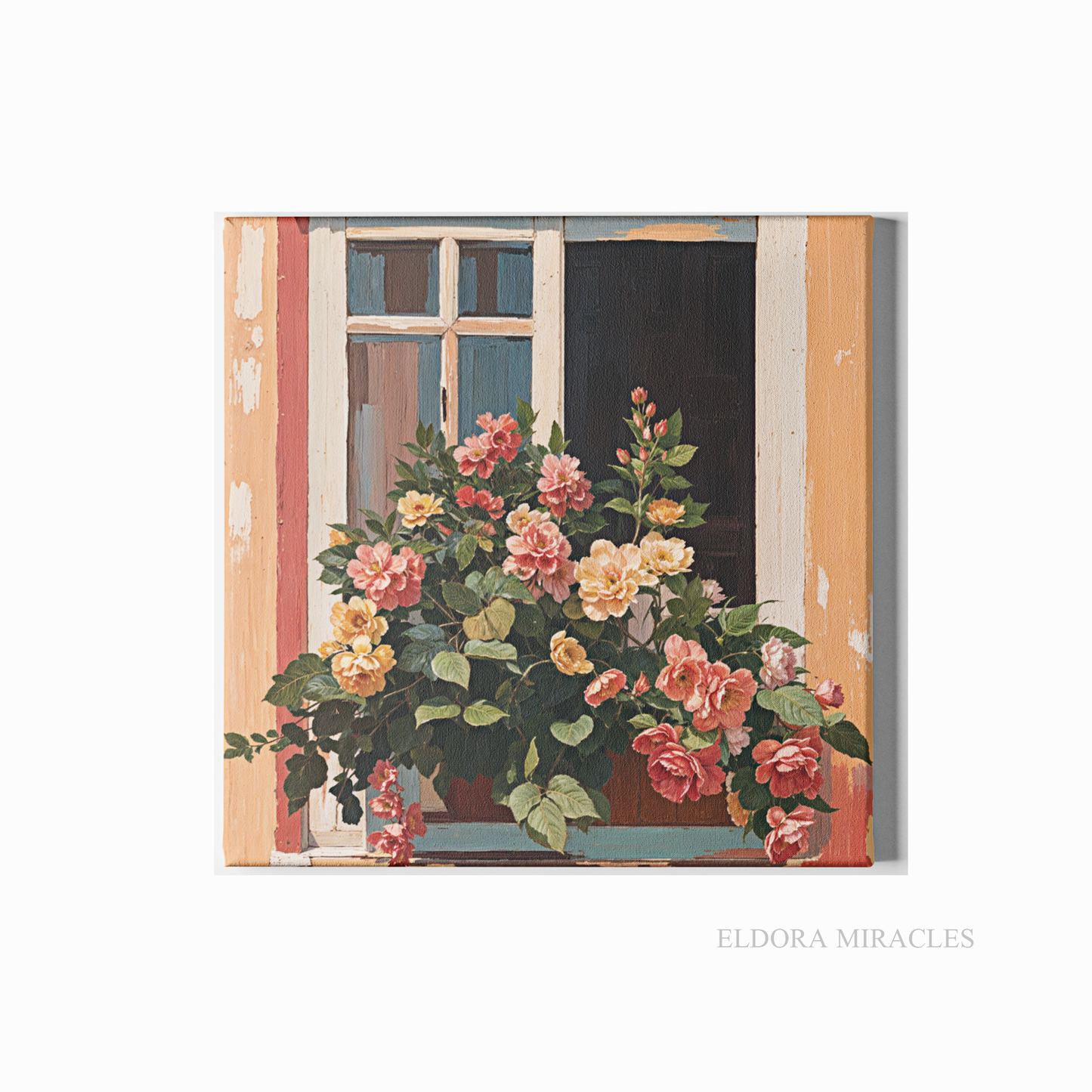Classic Flowers Window On Street Oil Paint Square Canvas S42