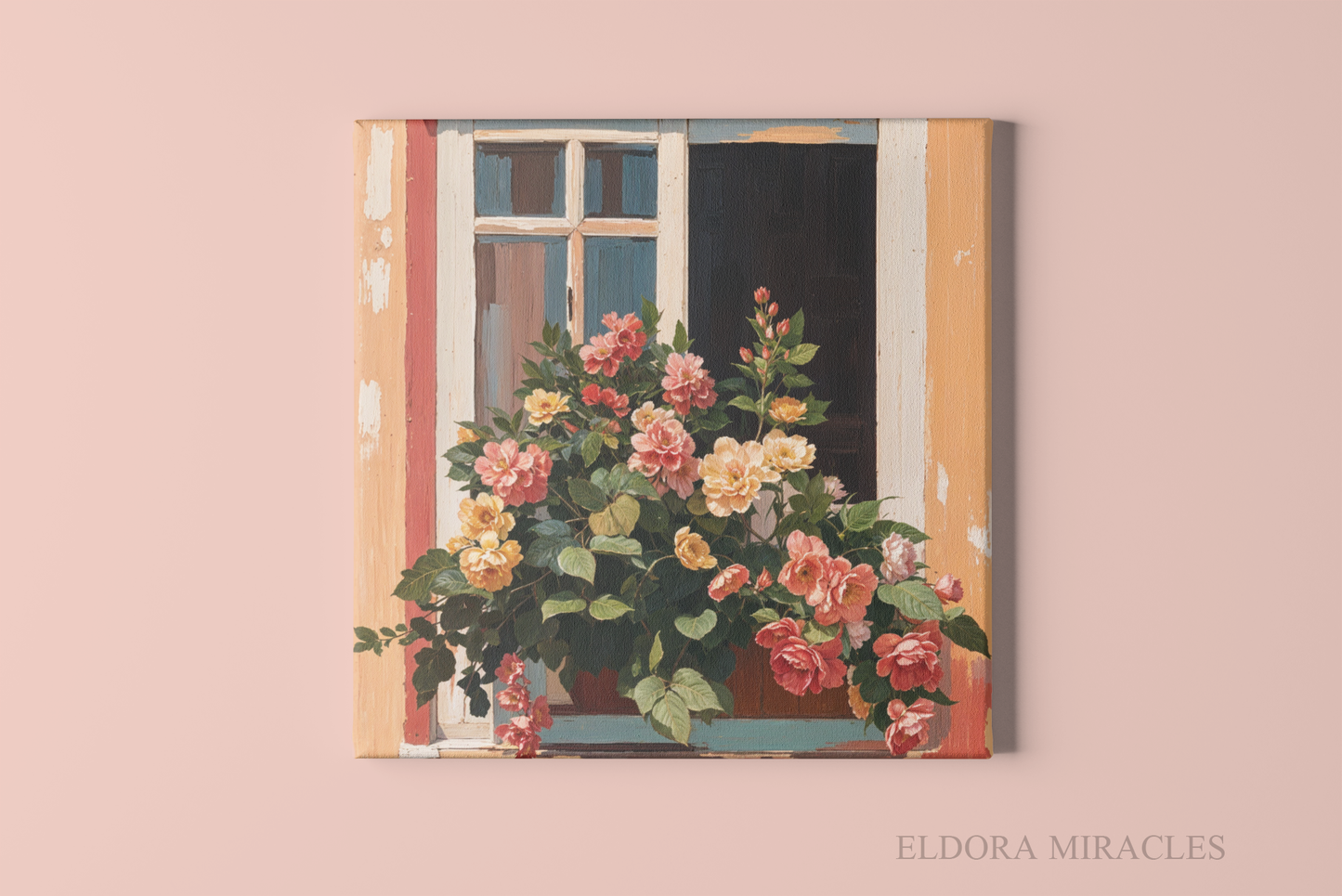 Classic Flowers Window On Street Oil Paint Square Canvas S42