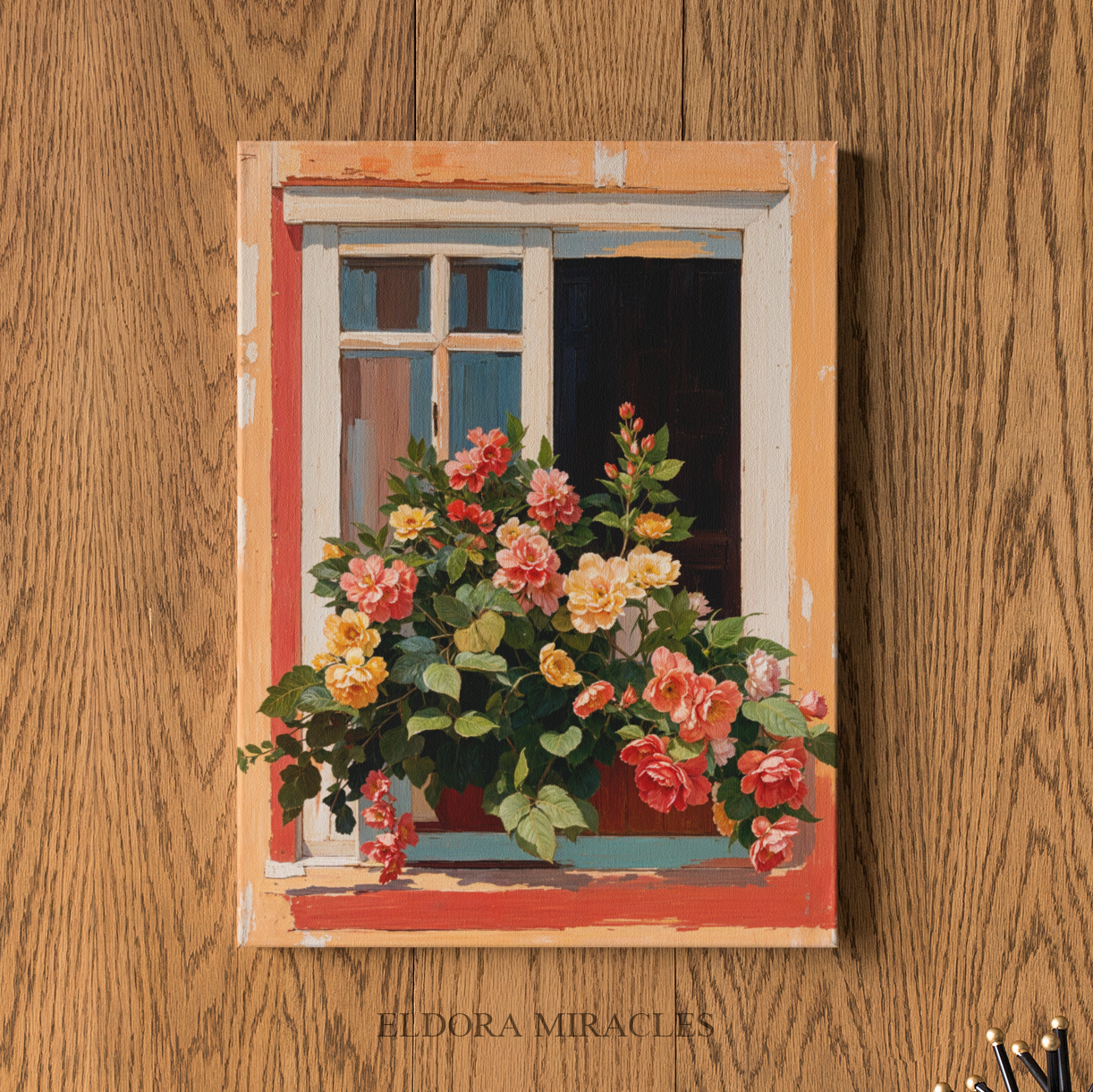 Classic Flowers Window On Street Oil Paint Square Canvas S42