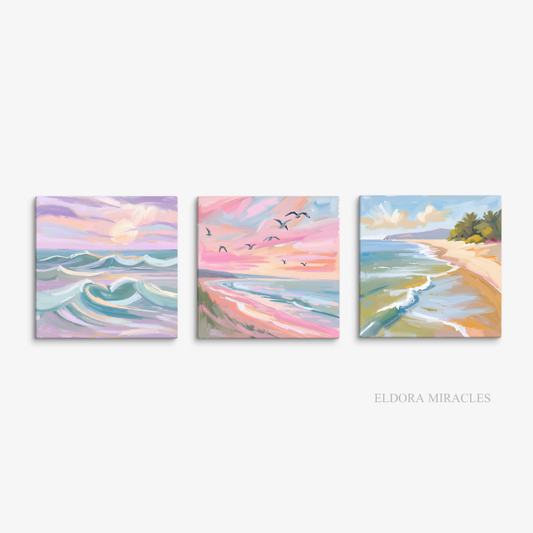Peaceful Sea Sunset Oil Paint Square Canvas Set S14 S16 S15